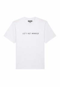 White cotton t-shirt featuring short sleeves, a crew neck, and the text "LET'S GET MARRIED" in black, centered on the front.