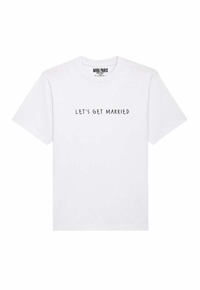 White cotton t-shirt featuring short sleeves, a crew neck, and the text "LET'S GET MARRIED" in black, centered on the front.