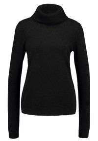 Černý rolákový svetr z měkkého pleteného materiálu, s dlouhými rukávy a volným střihem, doplněný žebrovanými detaily na manžetách a lemu.