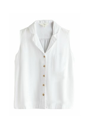Ujjatlan fehér lenvászon blúz V-nyakú gallérral, elöl öt barna gombbal és bal oldalon mellzsebbel.