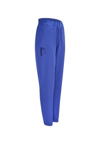 Blauwe katoenen sweatpants met een elastische tailleband, zijzakken en een kleine zwarte afbeelding op de linker bovenbeen. Zachte textuur en een relaxte pasvorm.