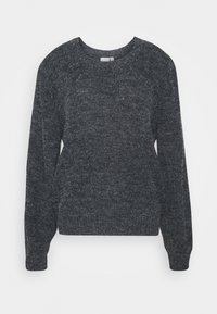 Mörkgrå, stickad tröja med rund halsringning, långa ärmar och en något kortare passform. Texturen verkar mjuk och blandad.