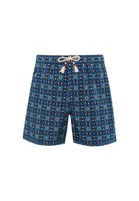 Costume da bagno da uomo con motivo floreale geometrico blu e marrone e cordino bianco con pon pon in vita.