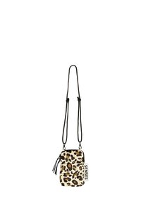 Crossbody-Tasche mit Leopardenmuster, verstellbaren schwarzen Riemen, Reißverschluss und seitlichem Troddel-Detail; ausgestattet mit einem auffälligen "SENSES"-Label.