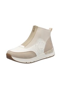 Bottine décontractée beige et blanche à fermeture éclair frontale, avec motif rose perforé sur le côté, semelle en caoutchouc et languette à l'arrière.