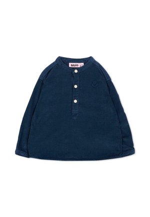 Granatowy niemowlęcy longsleeve z trzema guzikami z przodu, małym haftowanym uśmiechem na piersi oraz etykietą "Molo" przy szyi.