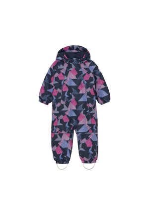 Tuta da neve colorata per bambini di colore blu navy con motivi geometrici in rosa e viola. Presenta un cappuccio, polsini elastici e cinghie per le scarpe per una vestibilità sicura.