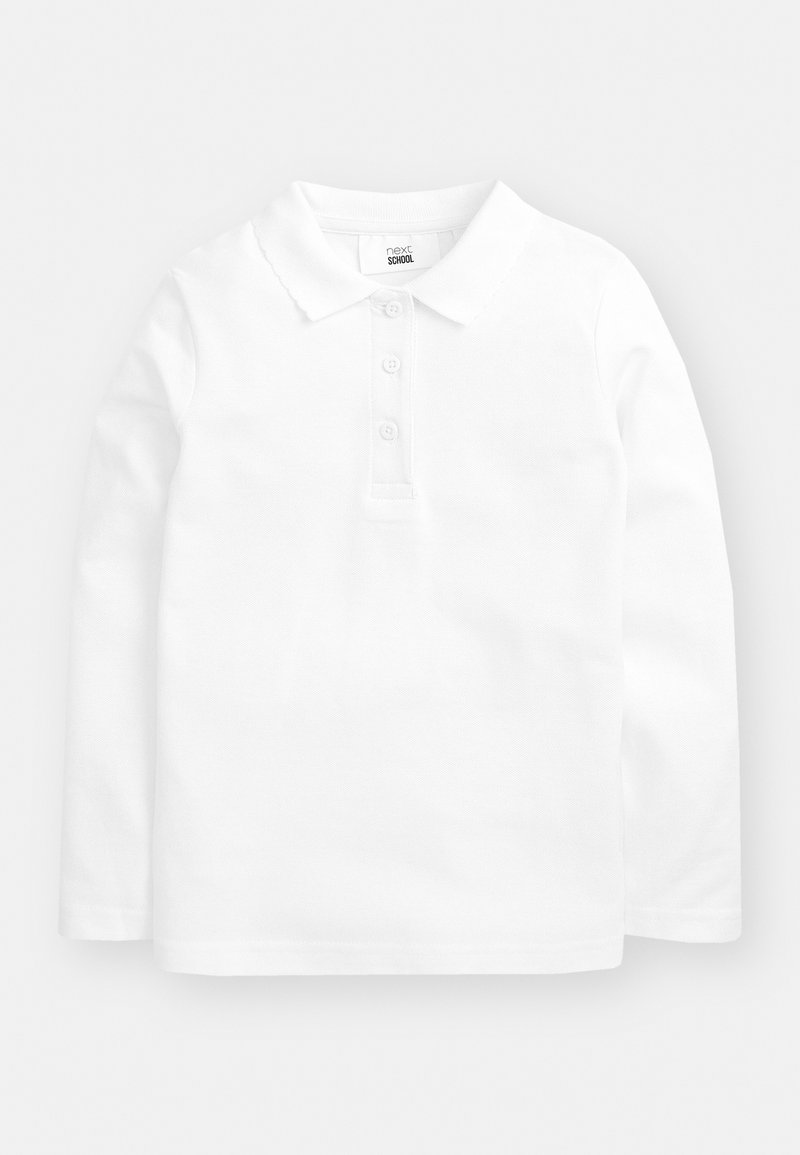 White long-sleeve polo shirt with a classic collar and three-button placket, made from cotton, featuring a smooth texture.