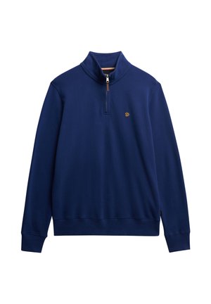 Mørkeblå pullover med en kvart lynlås, der har høj hals og ribbede manchetter. Lille logo i guld på venstre bryst. Blød stofstruktur.