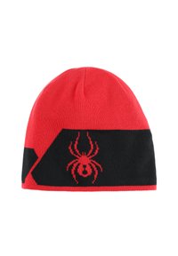 Beanie lavorato a maglia rosso e nero, con una grafica di ragno sul nastro nero. Tessuto morbido con vestibilità aderente. Coprente rotondo.