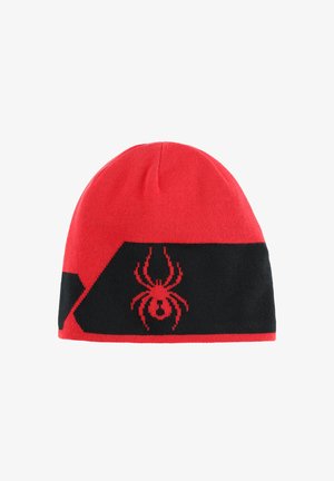 Rood en zwart gebreide beanie, met een spin tekening op de zwarte band. Zachte textuur met een comfortabele pasvorm. Ronde kroon.