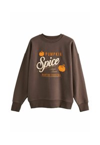 Pruun dress, mille ees on oranžid kõrvitsad ja tekst "Pumpkin Spice Autumn Flavours Martini Cocktail", pikkade varrukatega, soonikkoes varrukate ja alläär.