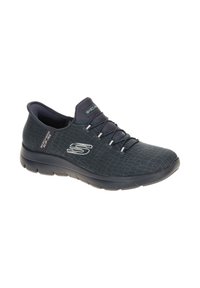 Sneaker slip-on Skechers grigio scuro con lacci elastici, tomaia in tessuto testurizzato e suola in gomma nera, vista laterale destra inclinata.