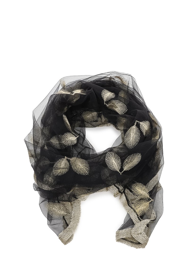 Sciarpa nera trasparente con ricami in foglia d'oro metallico. I bordi testurizzati e il design fluido offrono una finitura leggera ed elegante.
