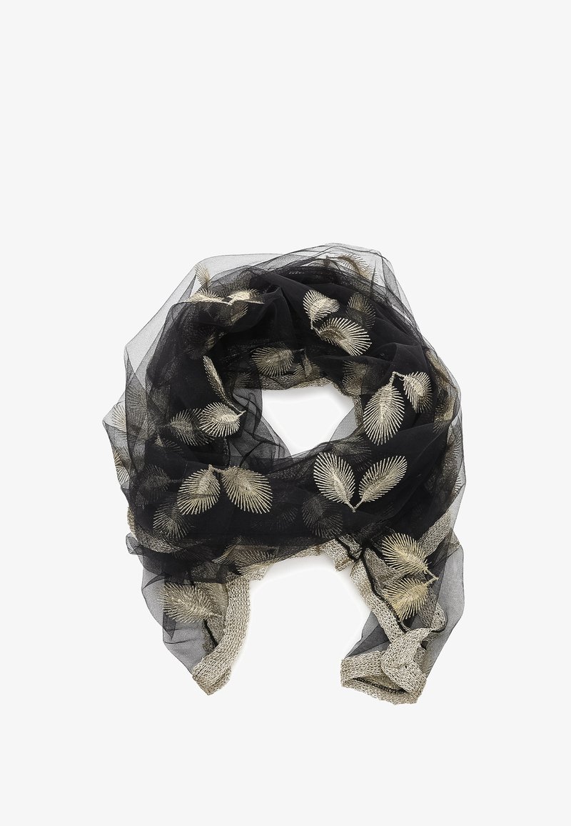 Sciarpa nera trasparente con ricami in foglia d'oro metallico. I bordi testurizzati e il design fluido offrono una finitura leggera ed elegante.