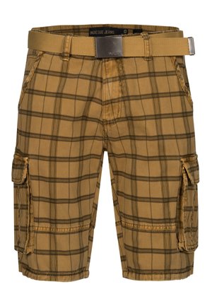 Brown plaid cargo shorts made of cotton, featuring a wide waistband with a belt, two side pockets, and stitched detailing.