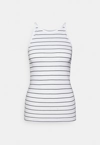 Top sem mangas branco com riscas pretas horizontais. Tecido suave, design ajustado e decote arredondado. Estilo simples e minimalista.