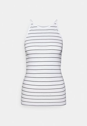 Top sem mangas branco com riscas pretas horizontais. Tecido suave, design ajustado e decote arredondado. Estilo simples e minimalista.