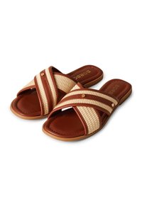 Brown and beige slide sandals with crisscross straps. Featuring a textured woven design and flat rubber sole. Brand name embossed on the insole.