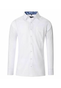 Witte lange mouwen overhemd met een button-down kraag, voorzien van een blauw bloemenpatroon aan de binnenkant van de kraag en een borstzak. Soepele stoftextuur.