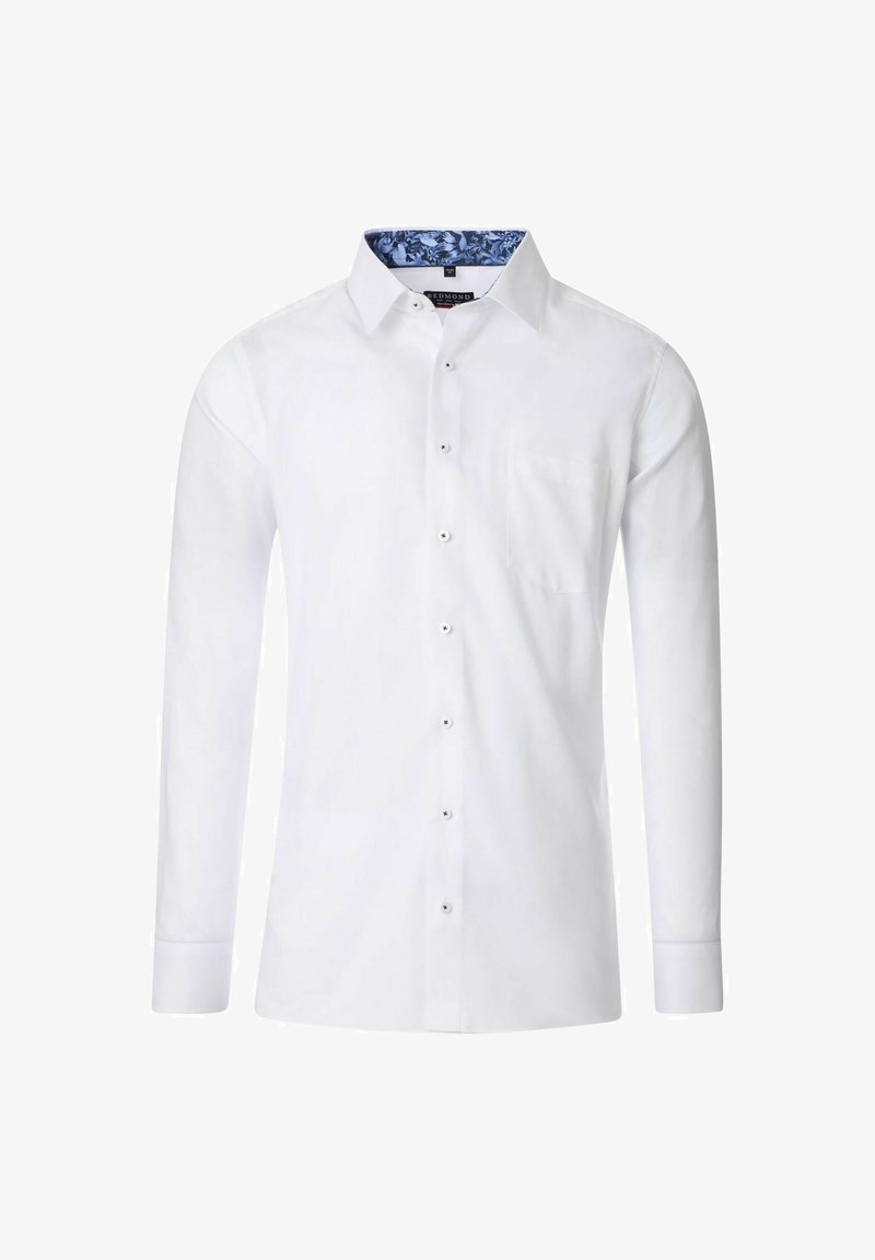 Witte lange mouwen overhemd met een button-down kraag, voorzien van een blauw bloemenpatroon aan de binnenkant van de kraag en een borstzak. Soepele stoftextuur.