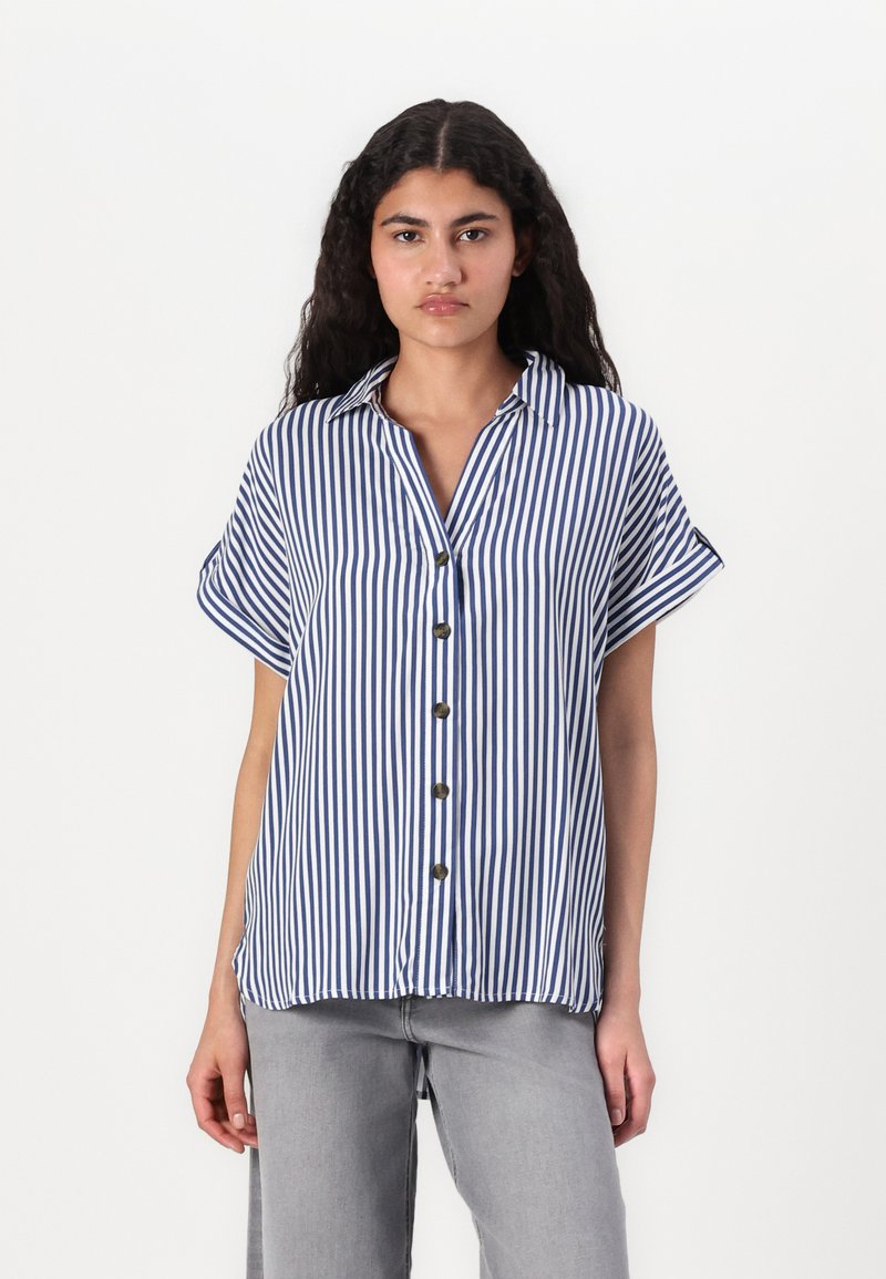 Striped shirt in blue and white, short sleeves, button-down front, collar, lightweight fabric, featuring vertical stripes and brass buttons.