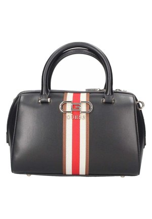 Sac à main synthétique noir avec une texture lisse, présentant un logo central et des accents rayés rouges, blancs et bruns vifs.