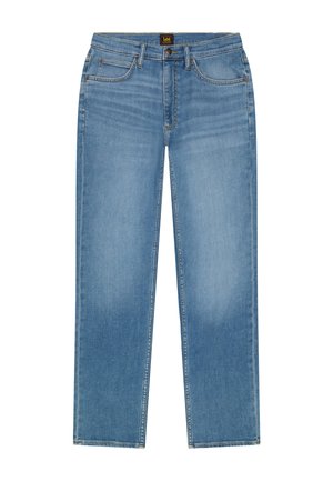 Jean droit bleu clair avec cinq poches, fermeture à bouton et fermeture éclair, et étiquette de la marque Lee sur la ceinture.