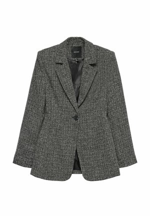 Blazer en tweed gris avec une fermeture à un bouton, des revers crantés et une doublure noire lisse. Présente une coupe ajustée et des épaules structurées.