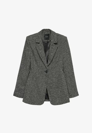 Šedý tweedový blazer s jedním knoflíkem, se zářezovými klopami a hladkým černým podšívkou. Nabízí přiléhavý střih a strukturované ramena.