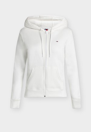 Witte hoodie met ritssluiting, voorzakken, capuchon met trekkoord, geribde manchetten en zoom, en klein rood-wit-blauw logo op de linkerborst.