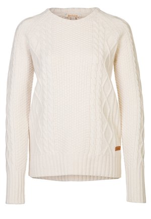 Pull en maille torsadée crème avec manches longues, encolure ronde et ourlet et poignets côtelés, avec une petite étiquette logo près de la taille.