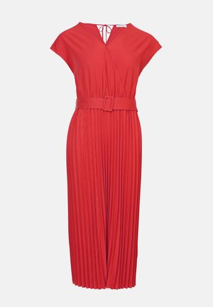 Red pleated dress with a V-neck, short sleeves, and a matching belt at the waist. Smooth fabric with a flowing design.