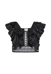 Zwarte crop-top met ruffles aan de mouwen, een V-halslijn en decoratieve ronde uitsparingen aan de voorkant en de zoom. Gemêleerde stof.
