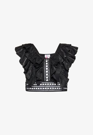 Crni skraćeni top s naboranim rukavima, V-izrezom i dekorativnim kružnim izrezima duž prednje strane i donjeg ruba. Teksturirano platno.