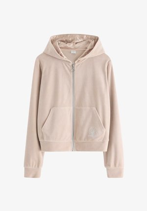 Felpa con zip in morbido tessuto beige. Caratterizzata da un cappuccio, due tasche frontali e logo ricamato in argento. Tessuto liscio e polsini aderenti.