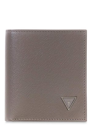 Grijze leren portemonnee met een textuur, voorzien van een driehoekig metalen logo in de hoek, met een gladde afwerking en contrasterende stiksels.