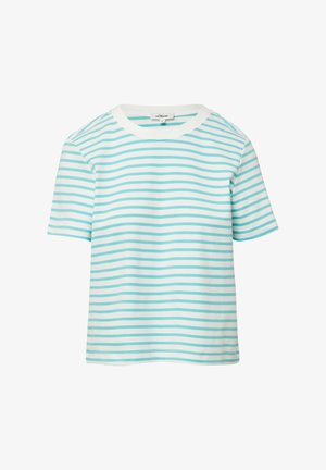 Pasiasta krótki rękaw t-shirt w turkusowe i białe poziome paski, okrągły dekolt oraz miękki materiał bawełniany.
