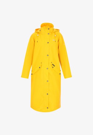 Sárga vízálló esőkabát kapucnival, patentgombokkal és két elülső zsebbel. Simább textúrájú, térd alá érő kialakítással, ami teljes védelmet nyújt.