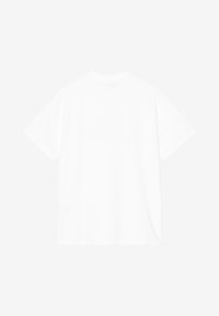 Biała bawełniana koszulka, krótki rękaw, okrągły dekolt, luźny krój, bez widocznych wzorów ani elementów graficznych. Gładka tekstura.