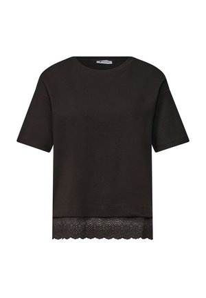 Street One, T-SHIRT MIT RUNDHALS UND SPITZE AM SAUM - T-shirt imprimé - black coffee