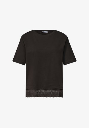 Street One, T-SHIRT MIT RUNDHALS UND SPITZE AM SAUM - T-shirt imprimé - black coffee