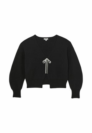 Černý zkrácený kardigan s V výstřihem, dlouhými rukávy, žebrovaným lemem a dekorativním stříbrným zavazováním vpředu. Hladká textura, pletená látka.