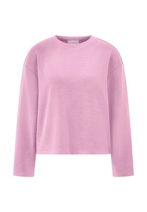 Langarm roze sweatshirt met ronde hals, een losse pasvorm en een rechte zoom, getoond tegen een witte achtergrond.
