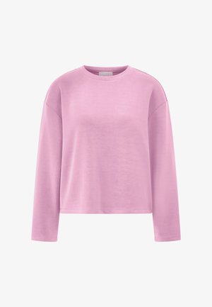 Langarm roze sweatshirt met ronde hals, een losse pasvorm en een rechte zoom, getoond tegen een witte achtergrond.