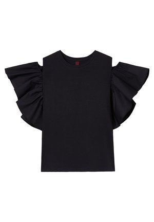 Black t-shirt with short sleeves featuring large ruffled accents on the shoulders. Made from soft cotton material, with a classic round neckline.
