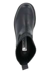 Czarny skórzany but za kostkę z elastycznym boku, zaokrąglonym noskiem i teksturowanym wykończeniem. Posiada pętlę do zakładania oraz miękką podszewkę dla wygody.