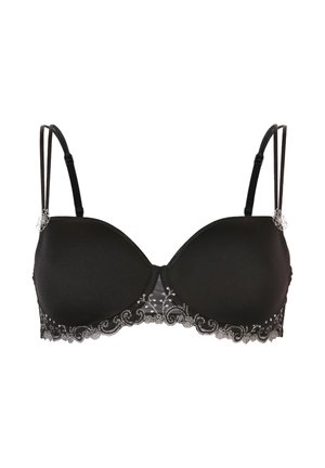 Soutien-gorge noir matelassé avec double bretelles fines et détails en dentelle florale blanche le long du bord inférieur et aux attaches des bretelles.