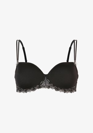 Soutien-gorge noir matelassé avec double bretelles fines et détails en dentelle florale blanche le long du bord inférieur et aux attaches des bretelles.