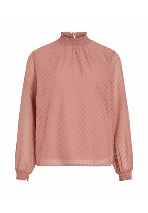 Rosa bluse med lange ermer og høy rysjekrave, med chevronmønster og rynkede mansjetter. Laget av lett, teksturert stoff.